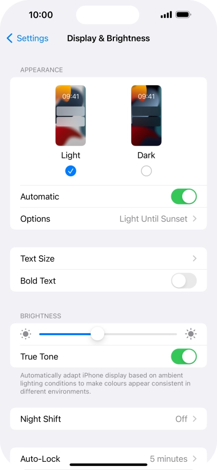 If you turn on the function, press Options and follow the instructions on the screen to select the required period of time for Dark Mode.
