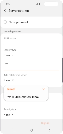 Press Never to keep email messages on the server when you delete them on your phone.