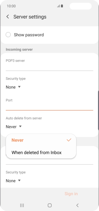 Press Never to keep email messages on the server when you delete them on your phone.