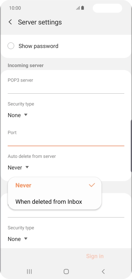 Press Never to keep email messages on the server when you delete them on your phone.