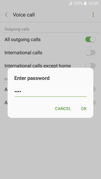 Key in your barring password and press OK. The default barring password is 0000.