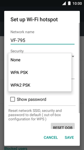 Press WPA2 PSK to password protect your Wi-Fi hotspot.