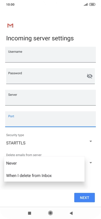 Press Never to keep email messages on the server when you delete them on your phone.