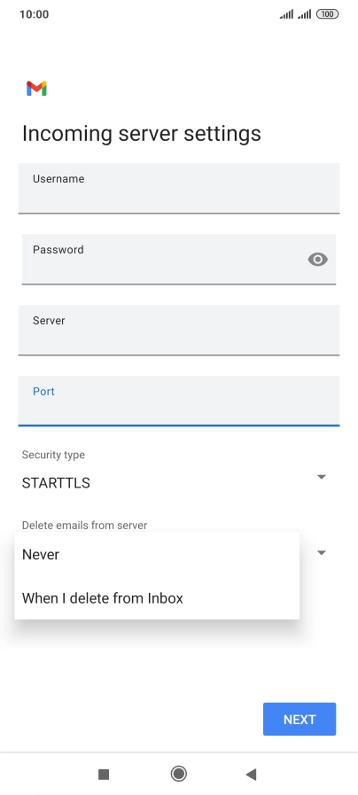 Press Never to keep email messages on the server when you delete them on your phone.