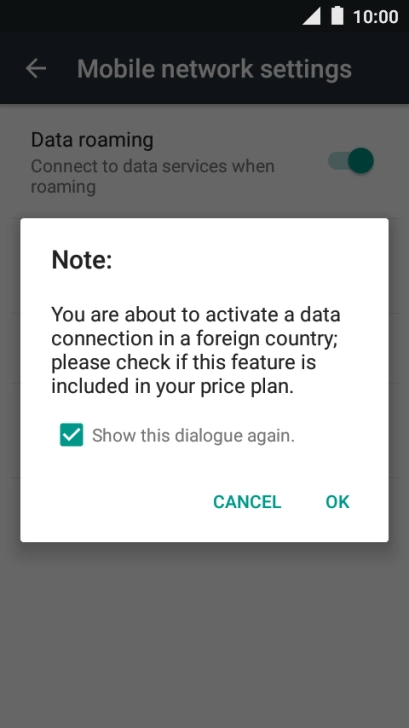 If you turn on data roaming, press OK.