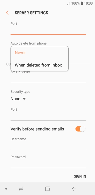 Press Never to keep email messages on the server when you delete them on your phone.