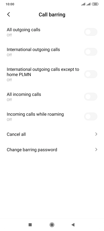 Press the indicator next to the required barring type to turn the function on or off.