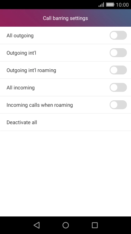 Press the required barring type to turn the function on or off.
