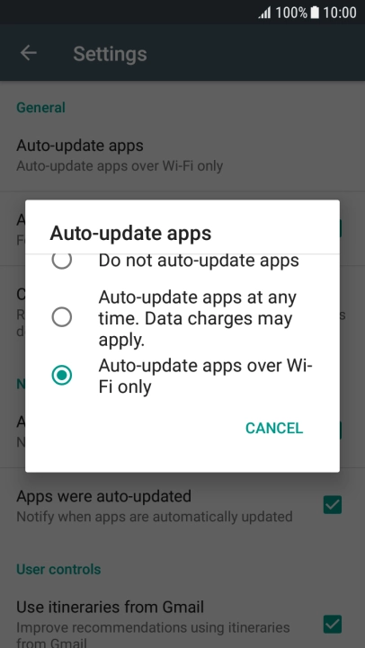 Press Auto-update apps over Wi-Fi only to turn on the function.