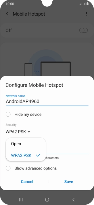 Press WPA2 PSK to password protect your Wi-Fi hotspot.