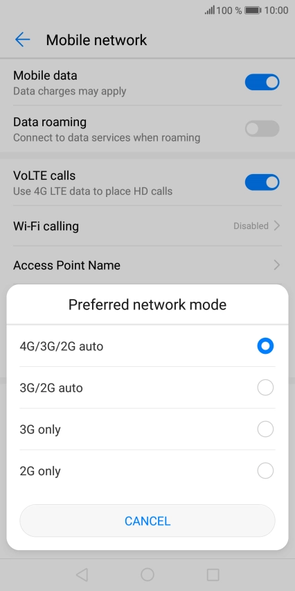 Press the required network mode.