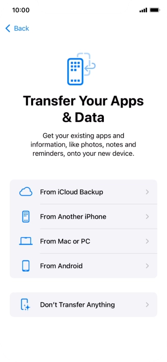 You can transfer content from an Android phone when your phone is activated for the first time and after a factory reset. When this screen is displayed, your phone is ready to transfer content from an Android phone.