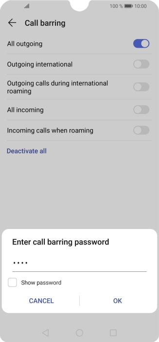Key in your barring password and press OK. The default barring password is 0000.