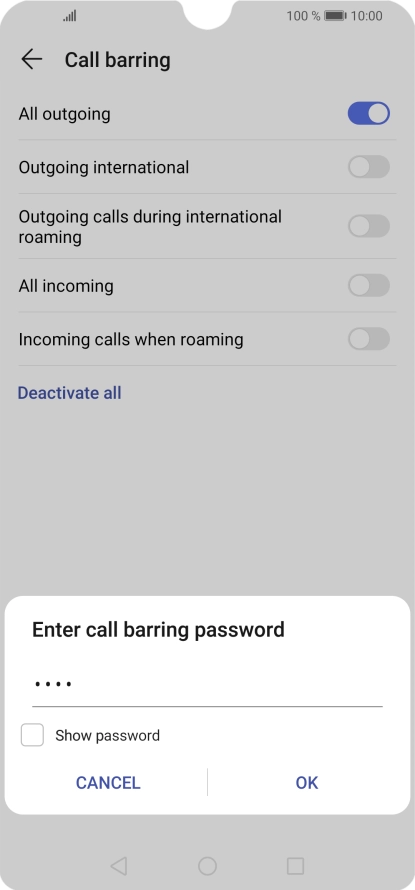 Key in your barring password and press OK. The default barring password is 0000.