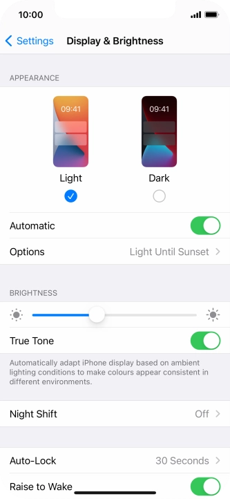 If you turn on the function, press Options and follow the instructions on the screen to select the required period of time for Dark Mode.