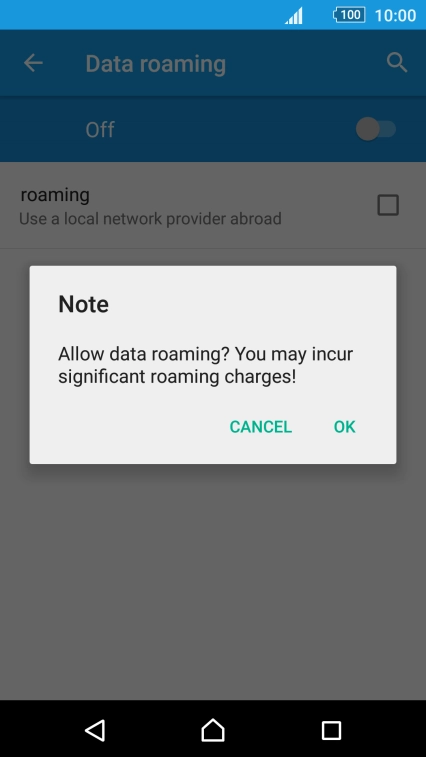 If you turn on data roaming, press OK.