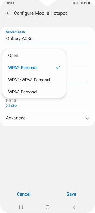 Press WPA3-Personal to password protect your Wi-Fi hotspot.