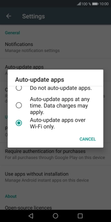 To turn on automatic update of apps using mobile network, press Auto-update apps at any time. Data charges may apply..