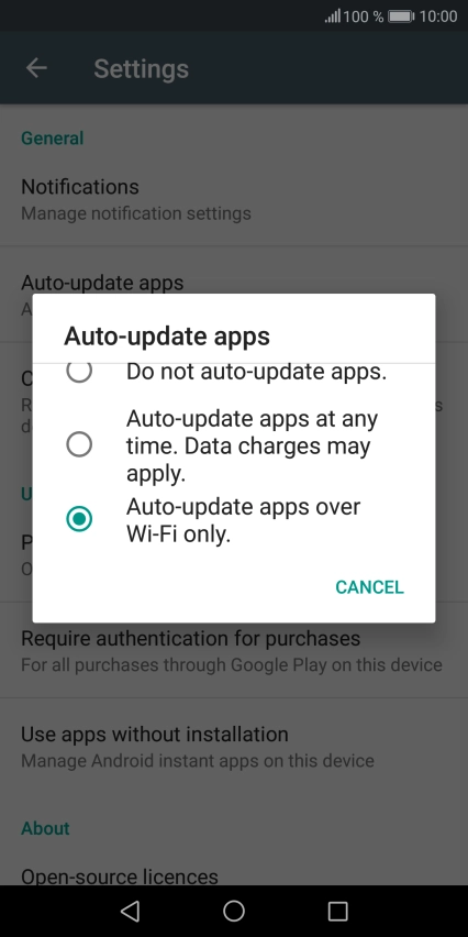 To turn on automatic update of apps using mobile network, press Auto-update apps at any time. Data charges may apply..