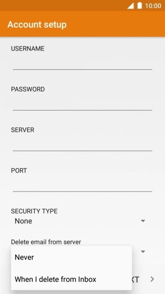 Press Never to keep email messages on the server when you delete them on your phone.