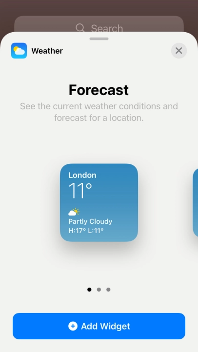 Slide your finger right or left on the screen to select the required widget size.