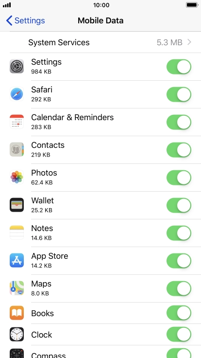 Press the indicator next to the required application to turn the function on or off.