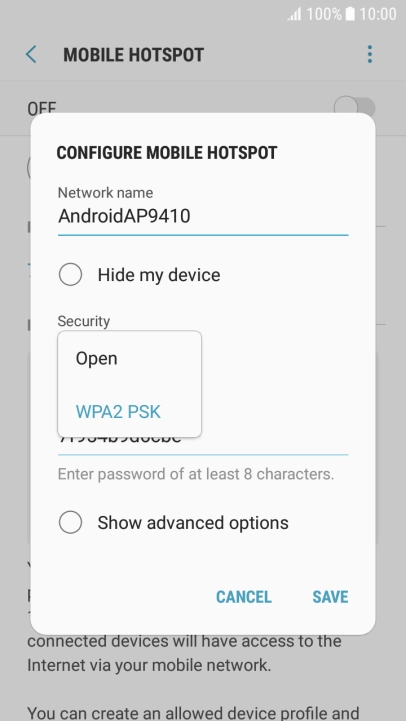Press WPA2 PSK to password protect your Wi-Fi hotspot.