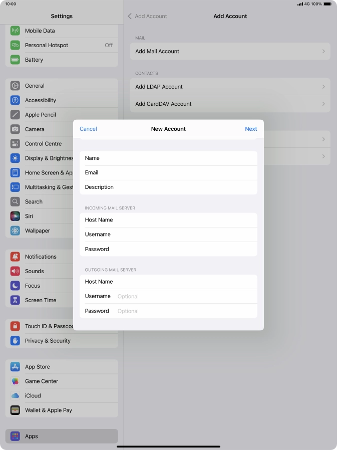 Press Username and key in the username for your email account. Please note that if you're using Vodafone's outgoing server, leave the username field empty.