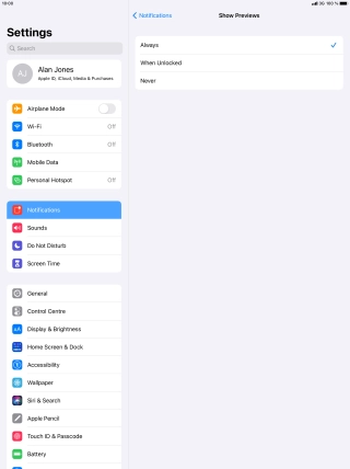 To select notification preview on the lock screen, press Always.