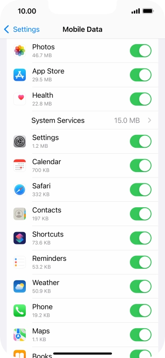 The data usage for each application is displayed below the name of the application.