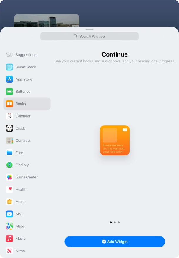 Slide your finger right or left on the screen to select the required widget size.