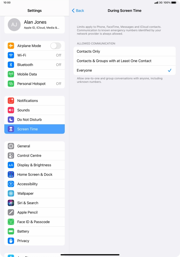 Press the required setting.