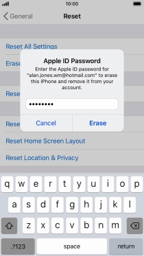 Key in the password for your Apple ID and press Erase. Wait a moment while the factory default settings are restored. Follow the instructions on the screen to set up your phone and prepare it for use.