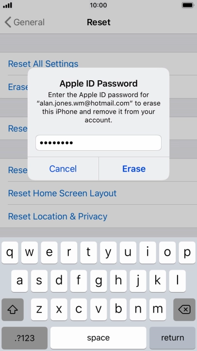 Key in the password for your Apple ID and press Erase. Wait a moment while the factory default settings are restored. Follow the instructions on the screen to set up your phone and prepare it for use.