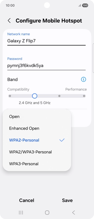 Press WPA3-Personal to password protect your Wi-Fi hotspot.