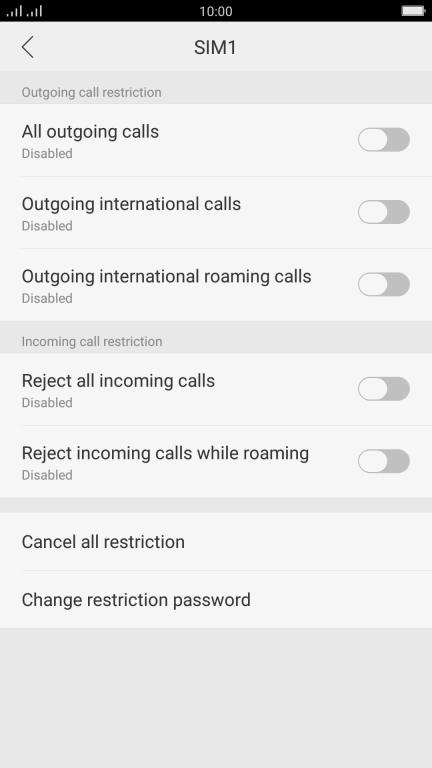 Press the indicator next to the required barring type to turn the function on or off.