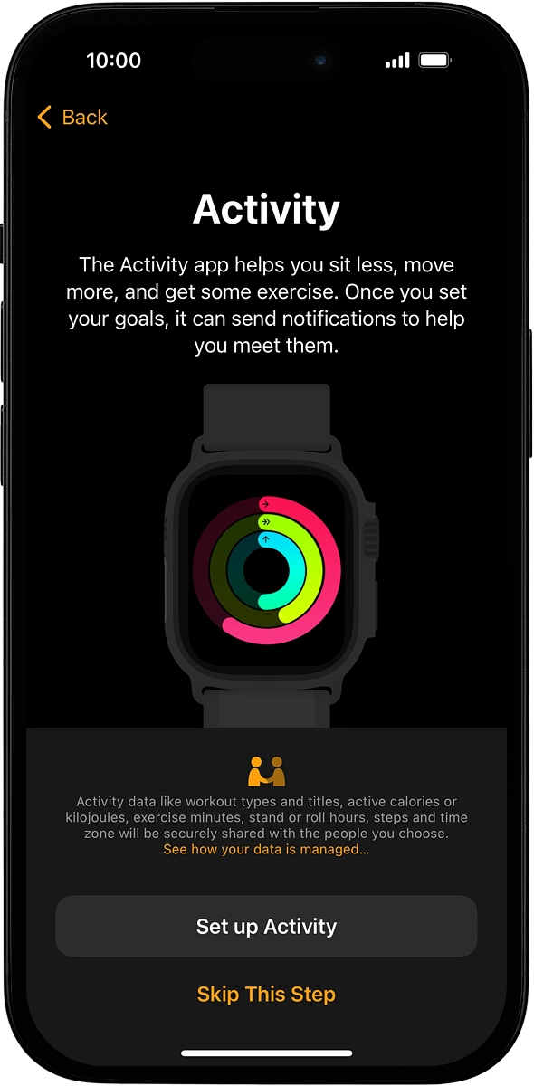 On your phone: Follow the instructions on the screen to select the required activity settings or press Skip This Step.