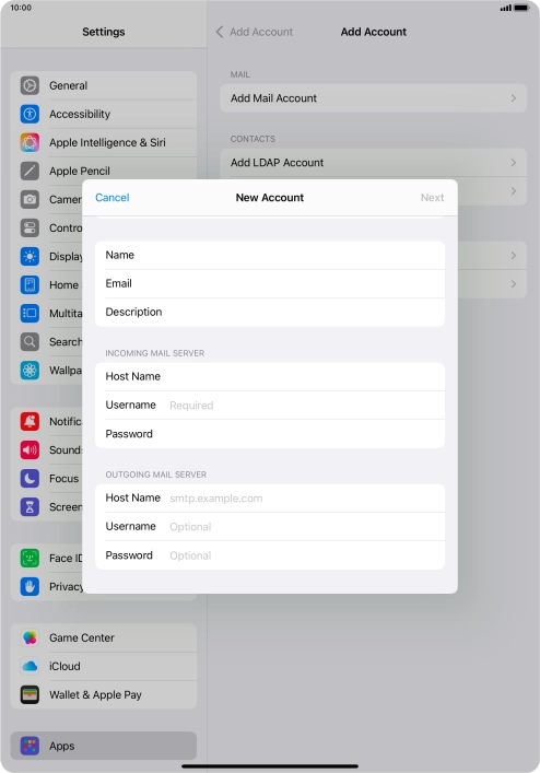 Press Username and key in the username for your email account.