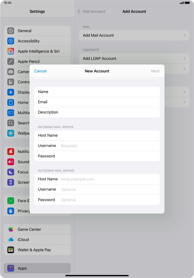 Press Username and key in the username for your email account.