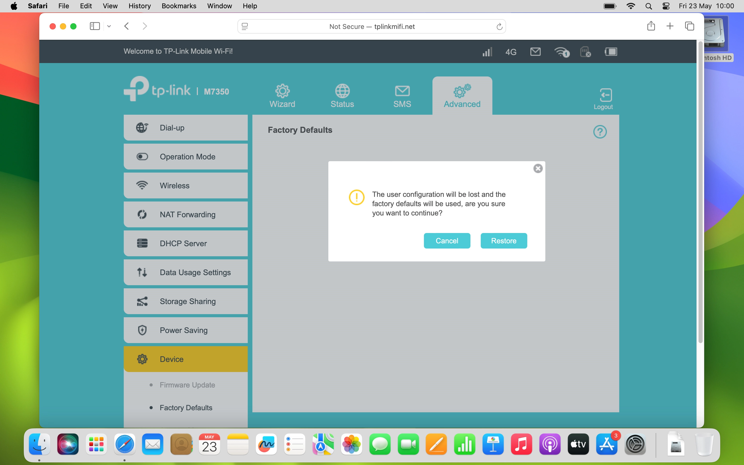 Click Restore and wait while your router restores the factory default settings.