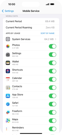 The data usage for each application is displayed below the name of the application.