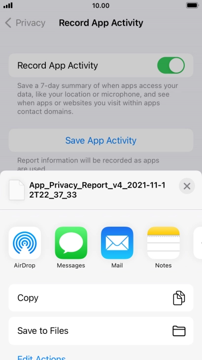 Press the required setting and follow the instructions on the screen to share or save the app activity report.