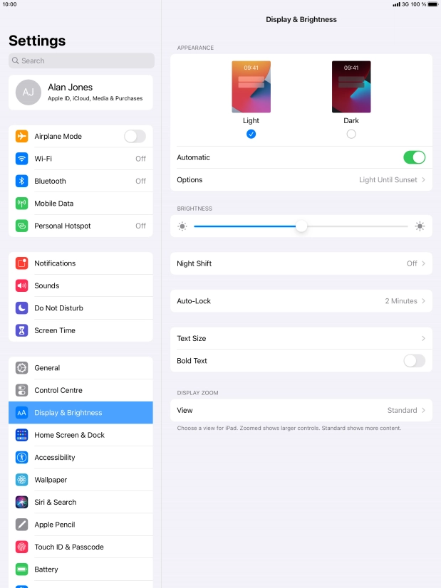 If you turn on the function, press Options and follow the instructions on the screen to select the required period of time for Dark Mode.
