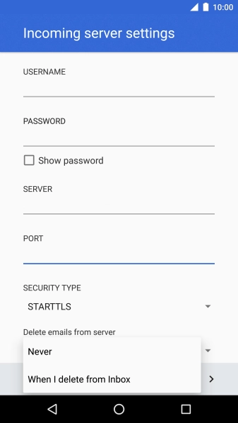 Press Never to keep email messages on the server when you delete them on your phone.