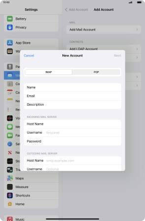 Press Username and key in the username for your email account.