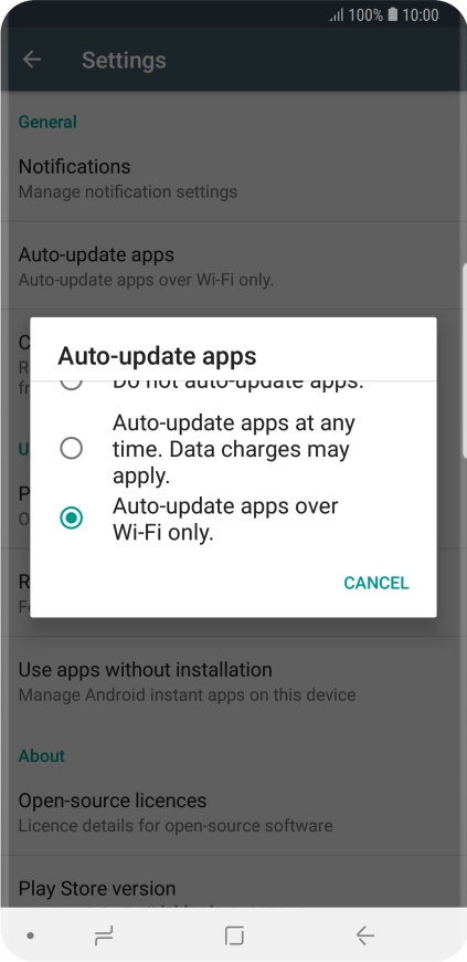 To turn on automatic update of apps using Wi-Fi, press Auto-update apps over Wi-Fi only..
