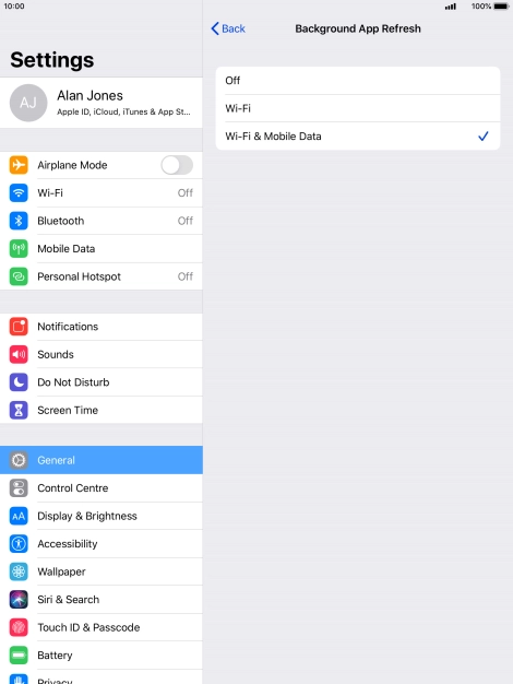 To turn off background refresh of apps, press Off.