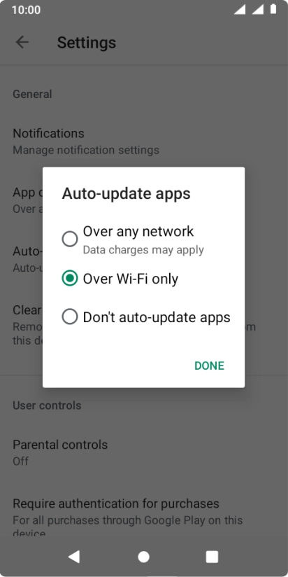 To turn on automatic update of apps using mobile network, press Over any network.