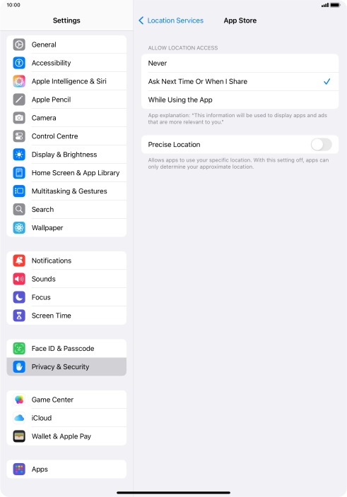 Press the required setting to turn the function on or off.