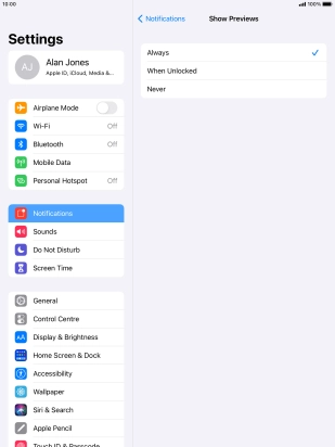To select notification preview on the lock screen, press Always.